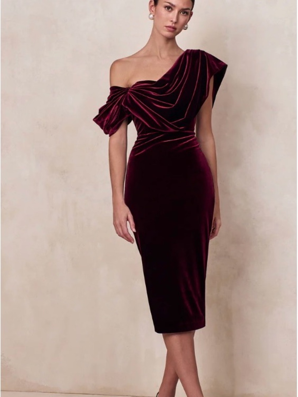 Asymmetric Velvet Midi Dress in Burgundy